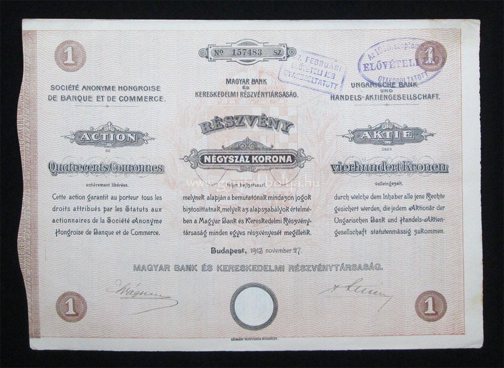 Magyar Bank és Kereskedelmi részvény 400 korona 1913